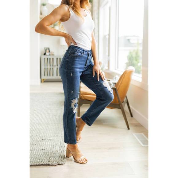 NEW JUDY BLUE high rise button fly distressed boyfriend jeans in dark wash - Picture 2 of 4